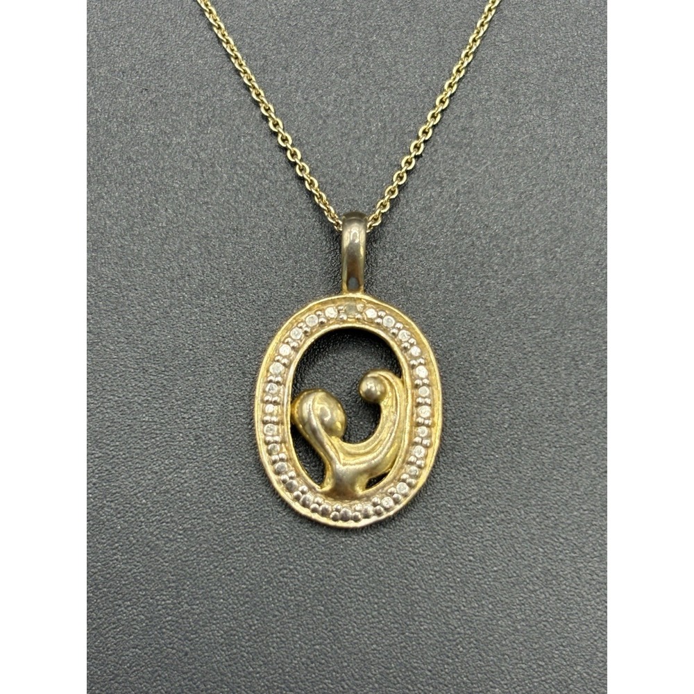 VTG Gold Sterling Silver Mother Child 18" Single Diamond Pendant Necklace E18